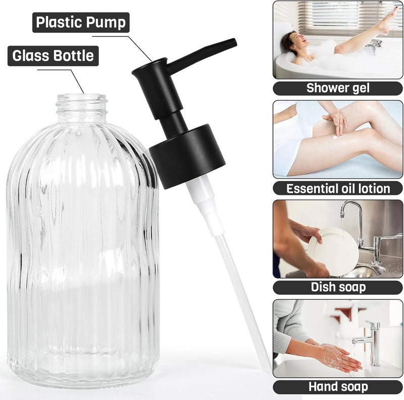 Ulable 2 Pack Glass Soap Dispenser with Pump, 13.5oz Refillable Soap Dispensers with Vertical Stripe for Hand Wash & Dish Wash, Elegant Bathroom Soap Dispenser for Dishwashing Liquid, Lotion - Image 2
